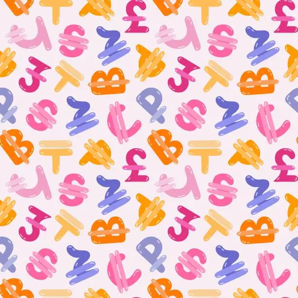 Vector illustration of Playful simple seamless pattern with different international currency symbols. Bright background with hand drawn doodle of money signs in naive style for wrapping paper, background, fabric, scrapbook.