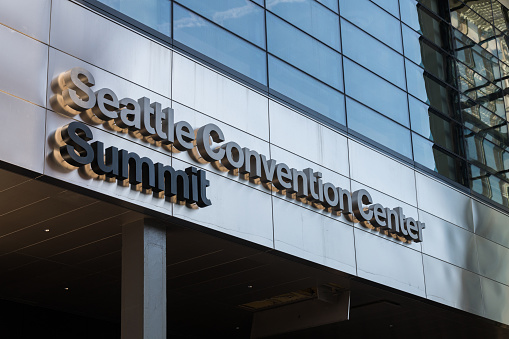 Seattle, USA - Dec 16, 2022: Construction on the new Seattle Convention Center Summit late in the day.