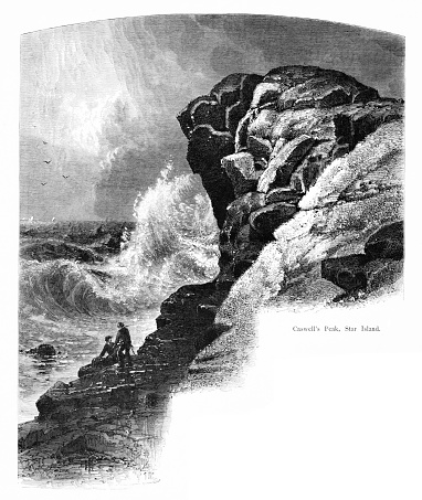 Caswell's Peak on Star Island, Gosport Village, New Hampshire, USA.  Pencil and pen engraving published 1874 This edition edited by William Cullen Bryant is in my private collection. Copyright is in public domain.