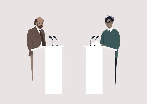 Vector illustration of A public discussion, two opponent candidates standing on stage opposite of each other, freedom of speech