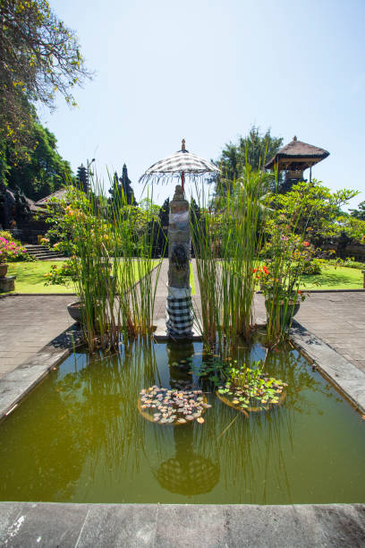 un étang décoratif dans les jardins extérieurs du temple pura goa lawah ou bat cave avec la falaise rocheuse et la grotte des chauves-souris sur le côté gauche. - pura goa lawah photos et images de collection