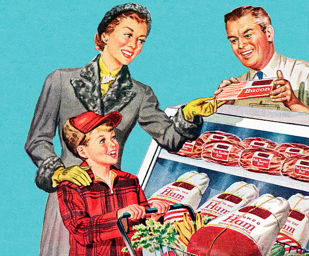여성 및 son 유클리드의 butcher 쇼핑하다 - 고기 일러스트 stock illustrations
