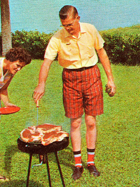 Man Grilling Steaks Man Grilling Steaks barbecue meal illustrations stock illustrations