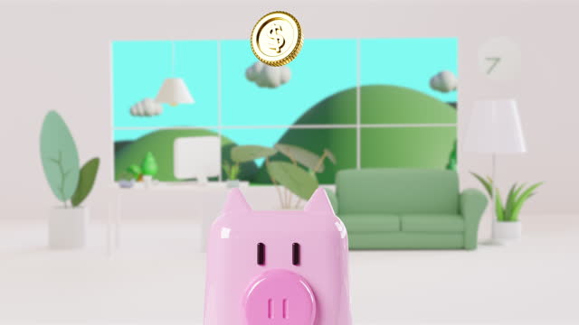 3d animation cartoon gold coin money drop on piggy bank.