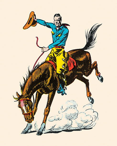 illustrazioni stock, clip art, cartoni animati e icone di tendenza di cowboy equitazione monta di cavallo selvaggio - cowboy rodeo wild west bucking bronco