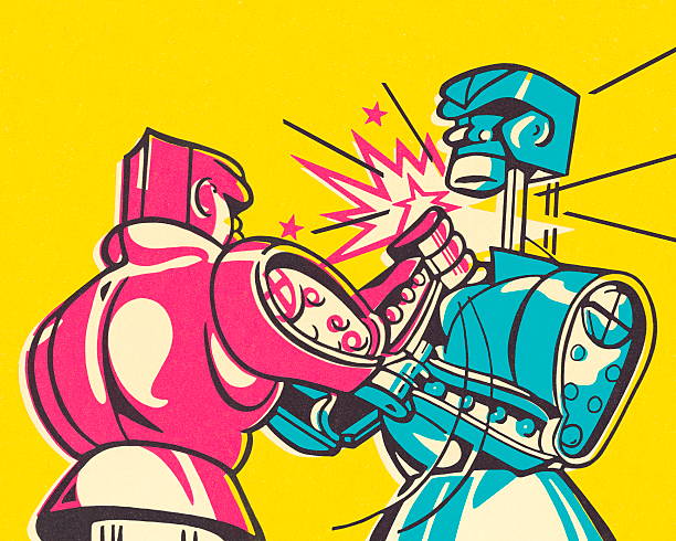 ilustraciones, imágenes clip art, dibujos animados e iconos de stock de robots de boxeo - luchar ilustraciones