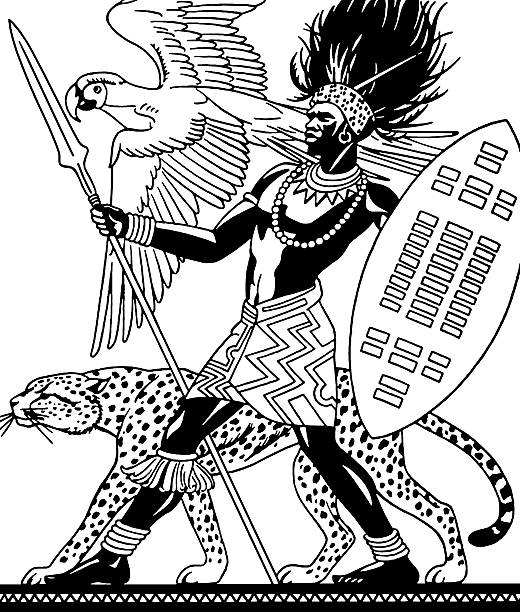 african warrior with bird and cheetah - leopard 2 幅插畫檔、美工圖 案、卡通及圖標