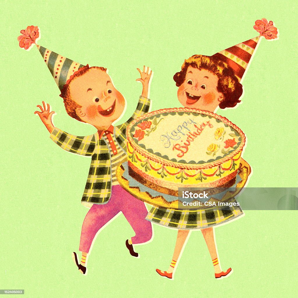 여자아이 남자아이 및 생일 케이크 - 로열티 프리 생일 스톡 일러스트