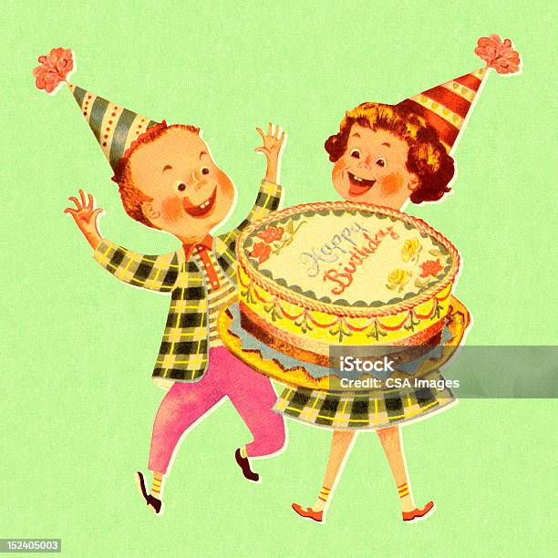 여자아이 남자아이 및 생일 케이크 생일에 대한 스톡 벡터 아트 및 기타 이미지 - 생일, 복고풍, 소년