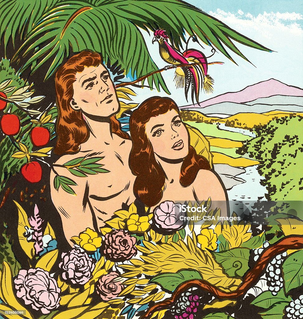 Adam and Eve in Garden Garden Of Eden - Old Testament stock illustration