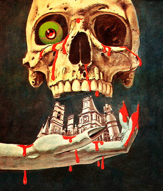 ilustraciones, imágenes clip art, dibujos animados e iconos de stock de bloody cráneo de la ciudad y de mano - skull holding spooky horror