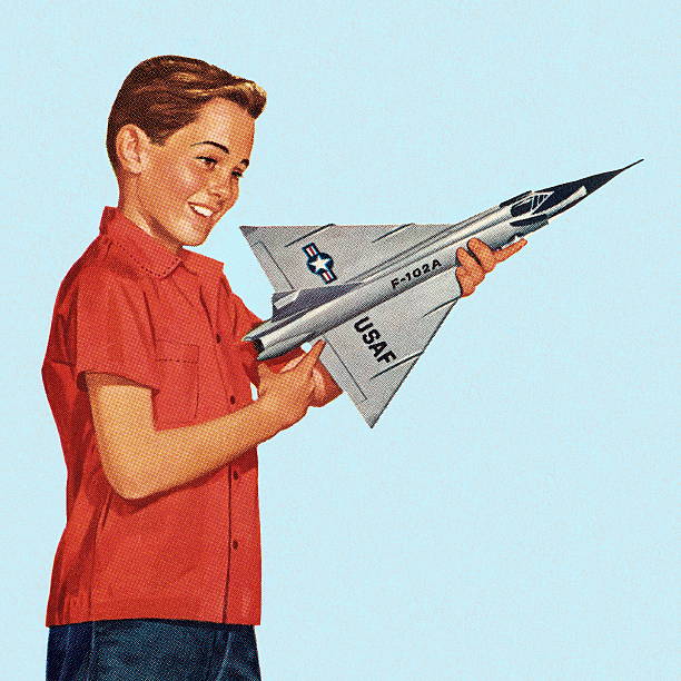 Boy Holding Toy Airplane Boy Holding Toy Airplane fighter plane vintage stock illustrations