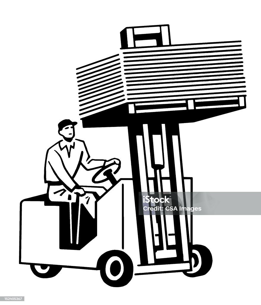 Homem condução de máquina elevadora de cargas - Royalty-free Preto e Branco Ilustração de stock