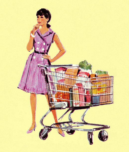 ilustraciones, imágenes clip art, dibujos animados e iconos de stock de mujer con cesta de compras - finger in mouth