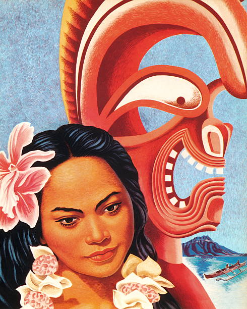 illustrazioni stock, clip art, cartoni animati e icone di tendenza di hawaiian donna con tiki figura - tropical climate polynesia flower pacific islands