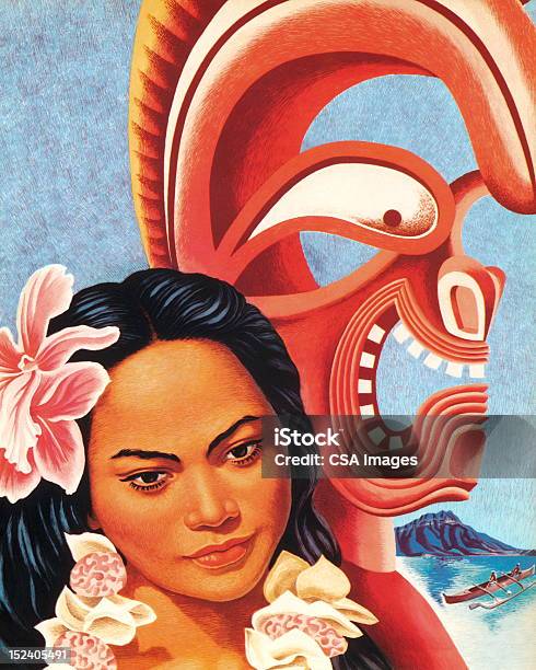 하와이어 여자 티키 그림 티키에 대한 스톡 벡터 아트 및 기타 이미지 - 티키, 고풍스런, 하와이 제도