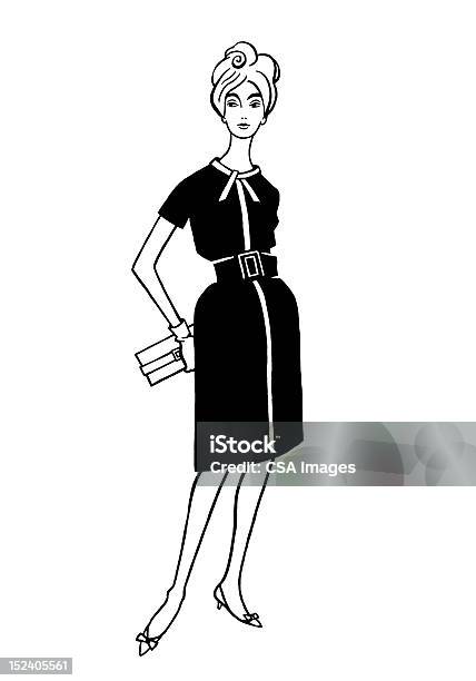 Модная Женщина В Платье — стоковая векторная графика и другие изображения на тему Только одна женщина - Только одна женщина, Чёрно-белый, Стиль ретро
