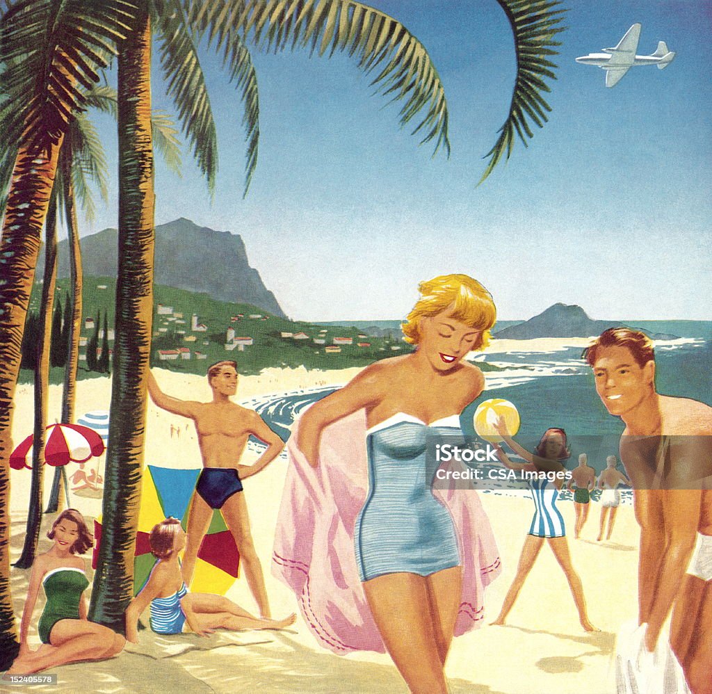 People At The Beach Retro Style stock illustration