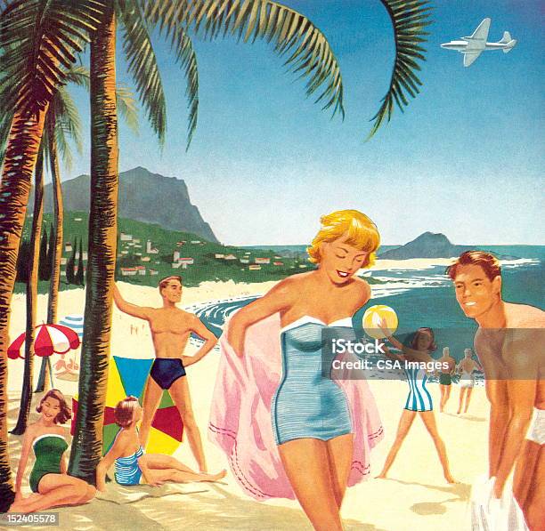 People At The Beach Stock Illustration - Download Image Now - Retro Style, Beach, Illustration