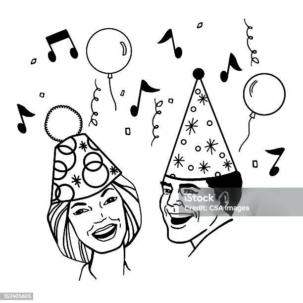 Ilustración de Pareja Con Sombreros Fiestas y más Vectores Libres de Derechos de Gorro de fiesta - Gorro de fiesta, Retro, Nota musical