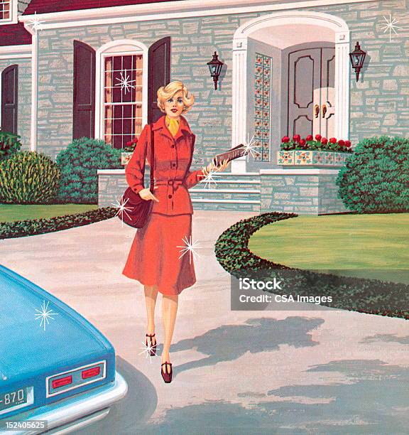 Kobieta Chodzić Do Samochodu - Stockowe grafiki wektorowe i więcej obrazów Dom - Budowla mieszkaniowa - Dom - Budowla mieszkaniowa, Elegancja, Tylko jedna kobieta