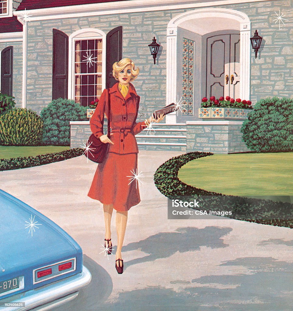 Mulher caminhando A Car - Ilustração de Casa royalty-free