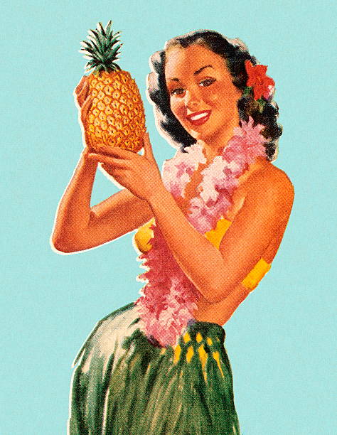 illustrazioni stock, clip art, cartoni animati e icone di tendenza di danza hula ragazza con ananas - vecchio stile illustrazioni