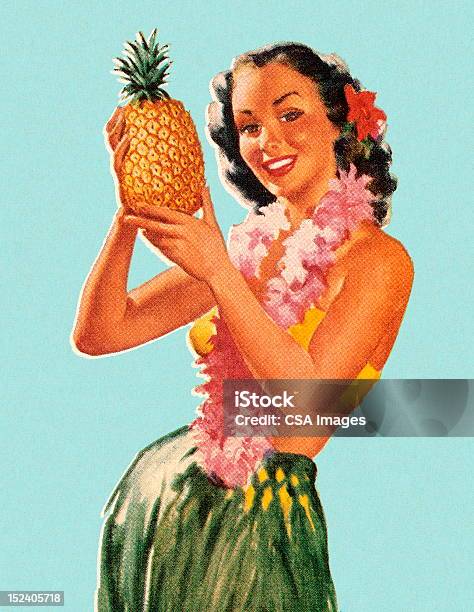 Hula Girl Holding Pineapple Stock Illustration - Download Image Now - Old-fashioned, Hawaii Islands, Illustration