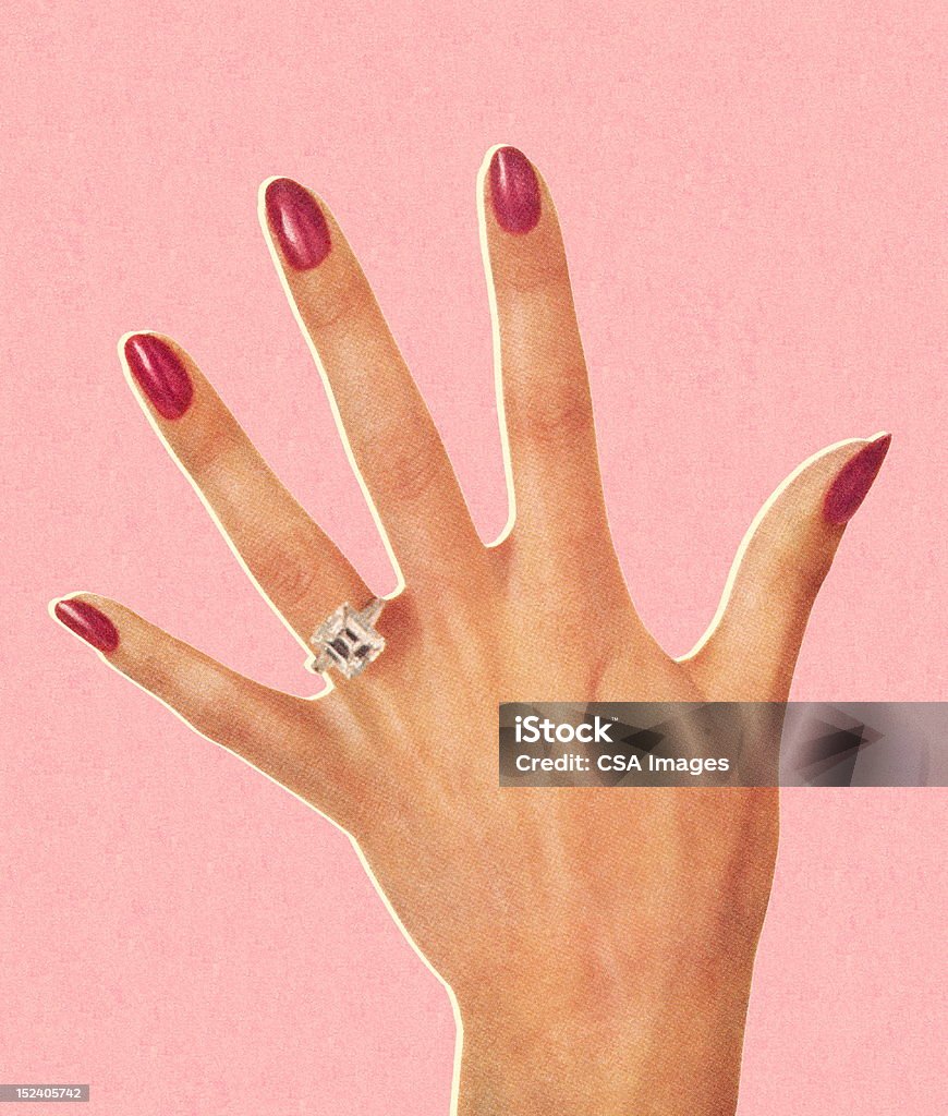 Woman's Hand Wearing Engagement Ring Retro Style stock illustration