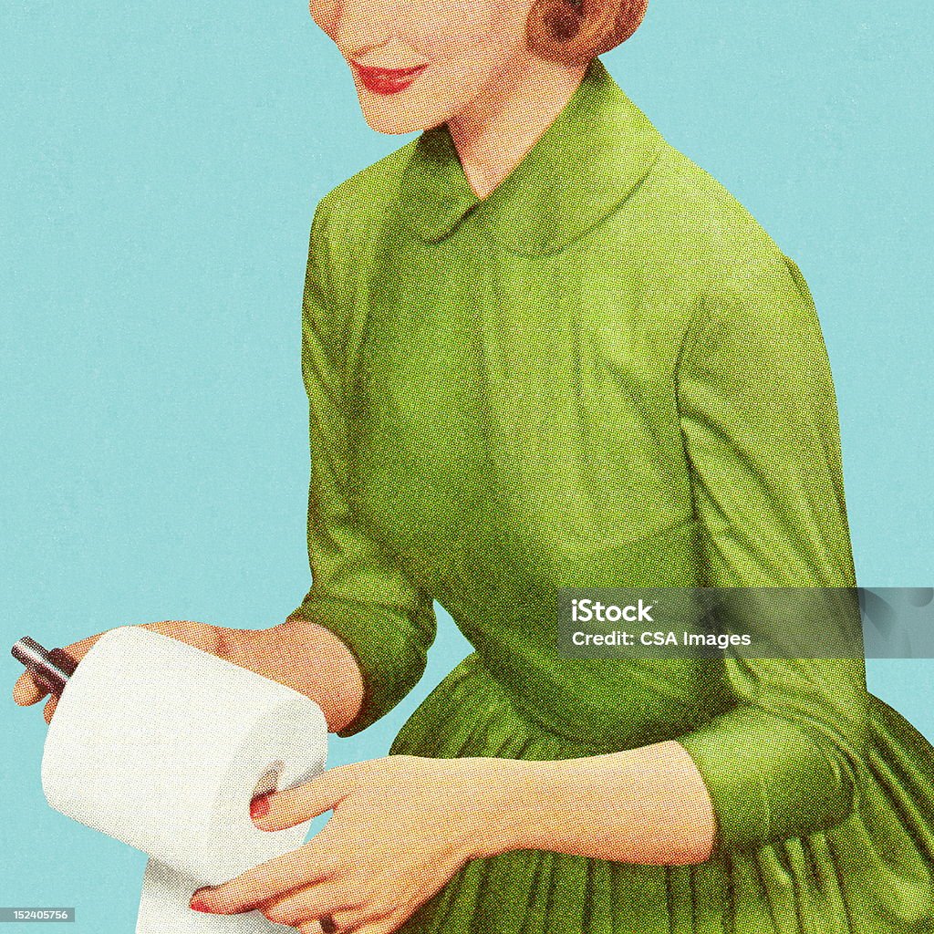Kobieta Trzymając papier toaletowy rolki - Zbiór ilustracji royalty-free (Papier toaletowy)