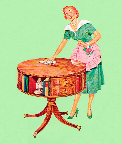 kobieta ścierać kurze tabeli - stereotypical homemaker stock illustrations