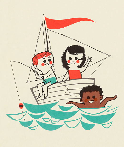 어린이 낚시, 수영 - color image colored background nautical vessel sea stock illustrations