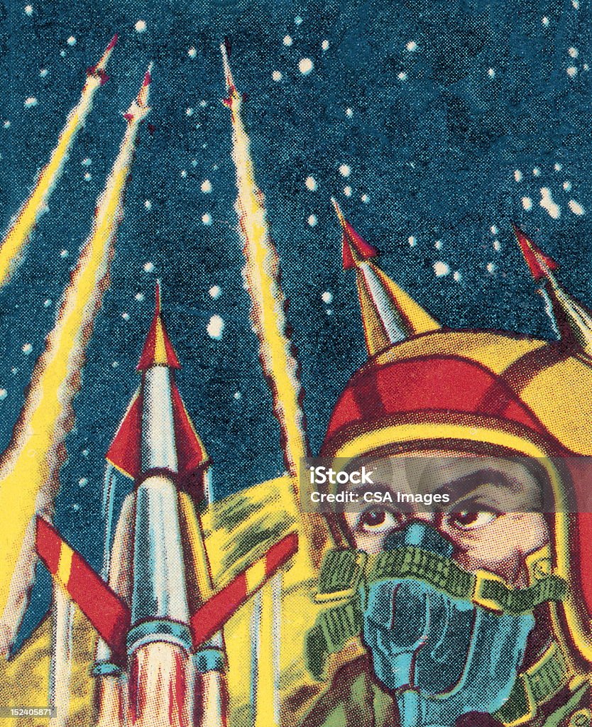 Astronauta i Rockets Uruchamianie - Zbiór ilustracji royalty-free (Powrót do retro)