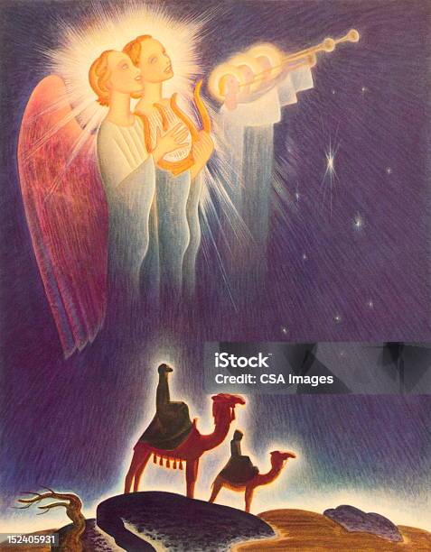 Dois Anjos E Wisemen - Arte vetorial de stock e mais imagens de Anjo - Anjo, Jesus Cristo, Natal