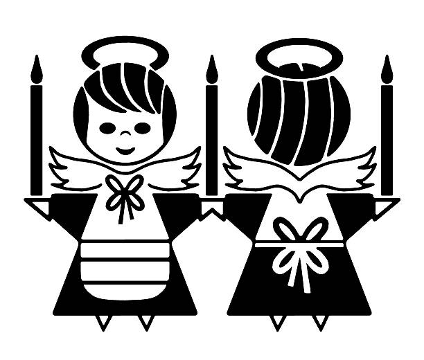Front and Back of Angels Front and Back of Angels spirituality smiling black and white line art stock illustrations