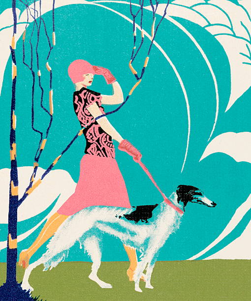 Woman Walking Borzoi Dog Woman Walking Borzoi Dog art deco illustrations stock illustrations