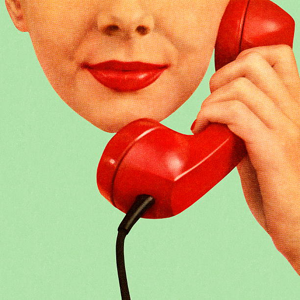 kobieta trzymając czerwony telefon słuchawki, aby usłyszeć - color image colored background close up human face stock illustrations