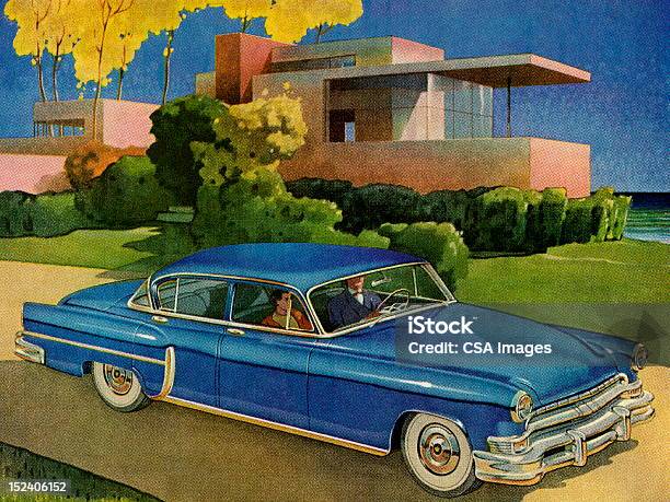 Niebieski Samochód Zabytkowy Infront Of House - Stockowe grafiki wektorowe i więcej obrazów Samochód zabytkowy - Samochód zabytkowy, Samochód, Dom - Budowla mieszkaniowa