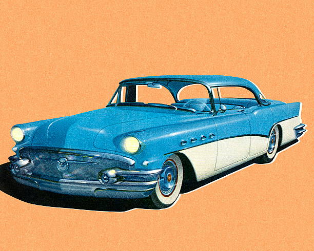 ilustraciones, imágenes clip art, dibujos animados e iconos de stock de vintage coche azul y blanco - coches abandonados