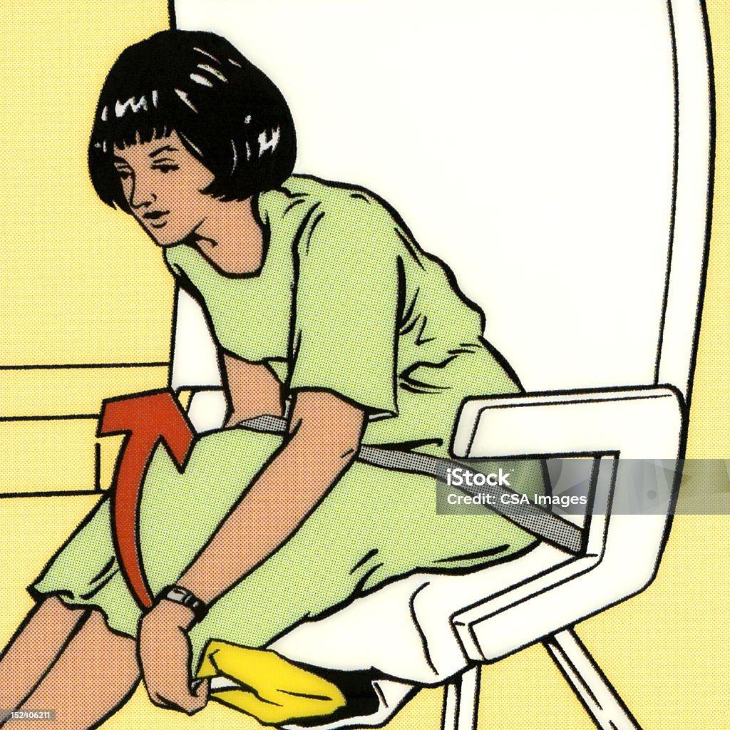 Donna ottenere giubbotto salvagente da sotto il sedile - Illustrazione stock royalty-free di Aeroplano