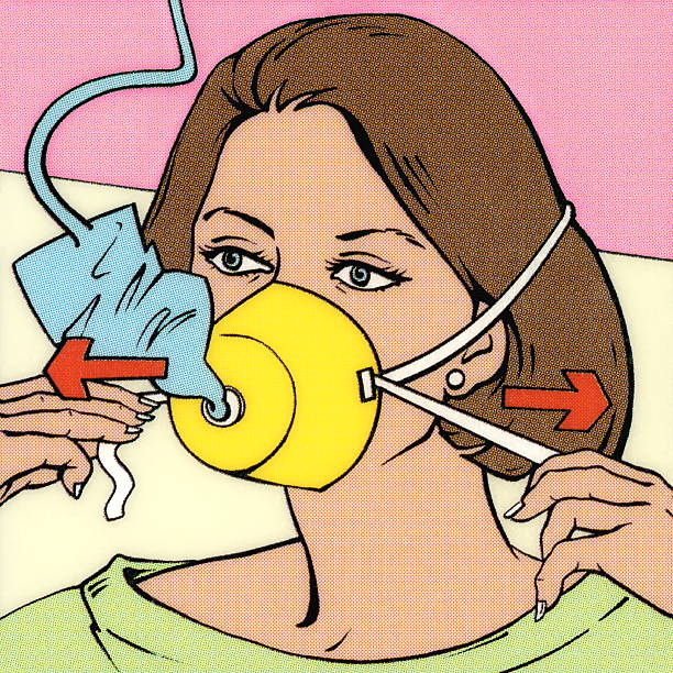 ilustraciones, imágenes clip art, dibujos animados e iconos de stock de mujer inflar máscara de oxígeno - one person adult air vehicle commercial airplane