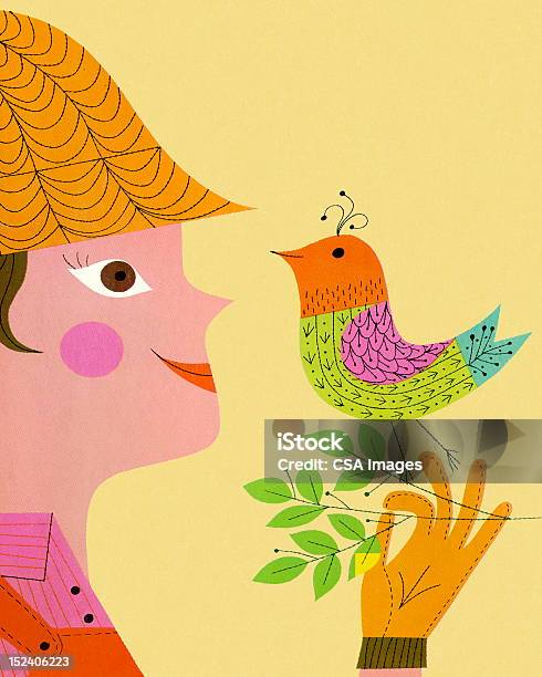 Ilustración de Mujer Y Bird y más Vectores Libres de Derechos de Accesorio personal - Accesorio personal, Adulto, Alegre
