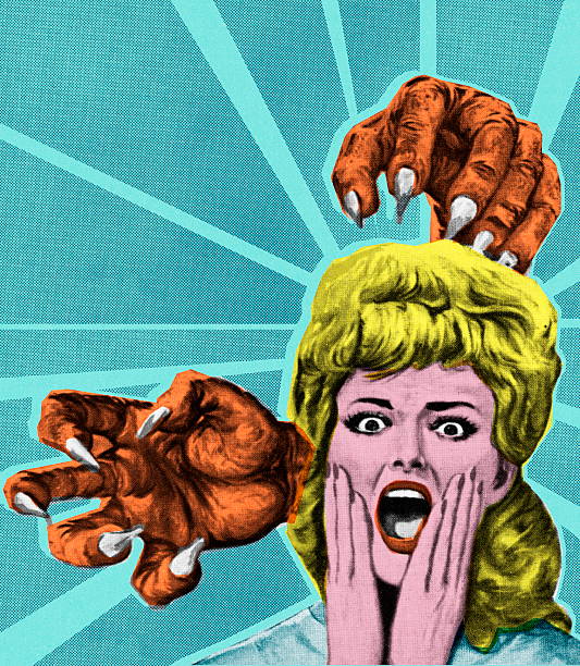 ilustraciones, imágenes clip art, dibujos animados e iconos de stock de monster manos y mujer pateando - horror ilustraciones