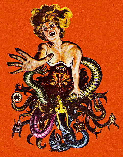 ilustraciones, imágenes clip art, dibujos animados e iconos de stock de mujer sumió en snakes and demons - horror ilustraciones