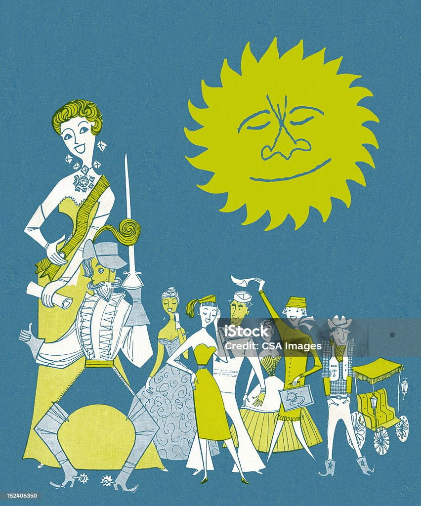 Diversos personagens e sol - Ilustração de Ator royalty-free