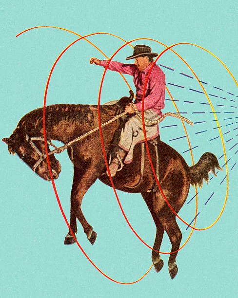 illustrazioni stock, clip art, cartoni animati e icone di tendenza di cowboy su cavallo di troncatura - cowboy horse lasso rodeo