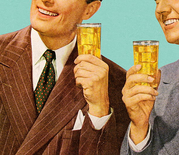 illustrazioni stock, clip art, cartoni animati e icone di tendenza di due uomini con bevande - bibita illustrazioni