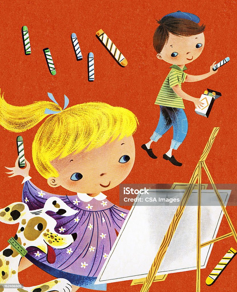 Menino e Menina com lápis de cores - Royalty-free Alegria Ilustração de stock