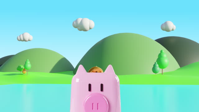 3d animation cartoon gold coin money drop on piggy bank.