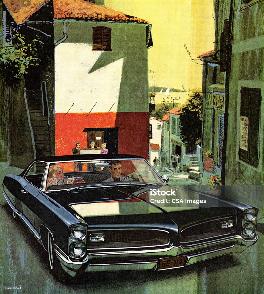 Couple Driving in Black Vintage Car - Стоковые иллюстрации Солнечный свет роялти-фри